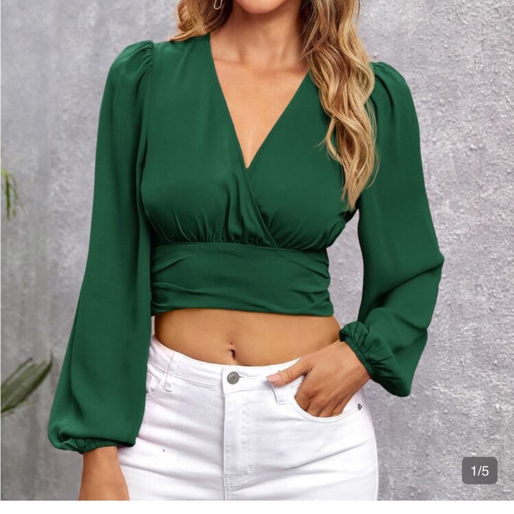 SHEIN Dark Green V-Neck Wrap Crop Top with Puff Sleeves